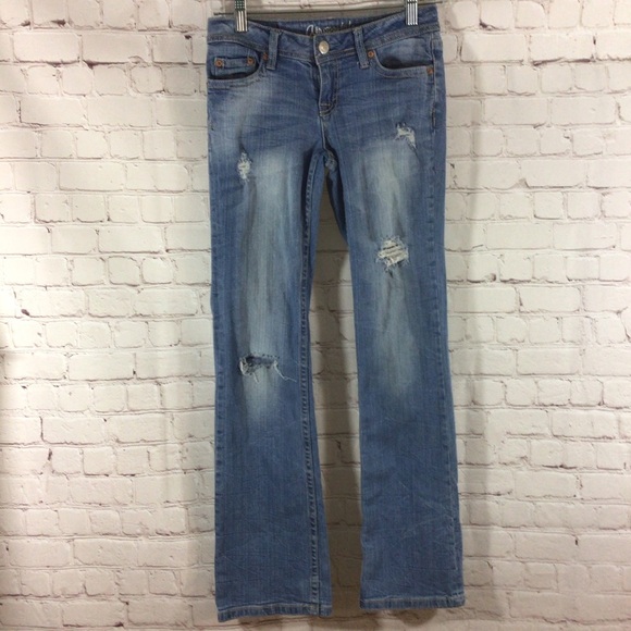 Aeropostale Distressed Chelsea Bootcut Blue Jeans - Size 0 - Picture 1 of 8